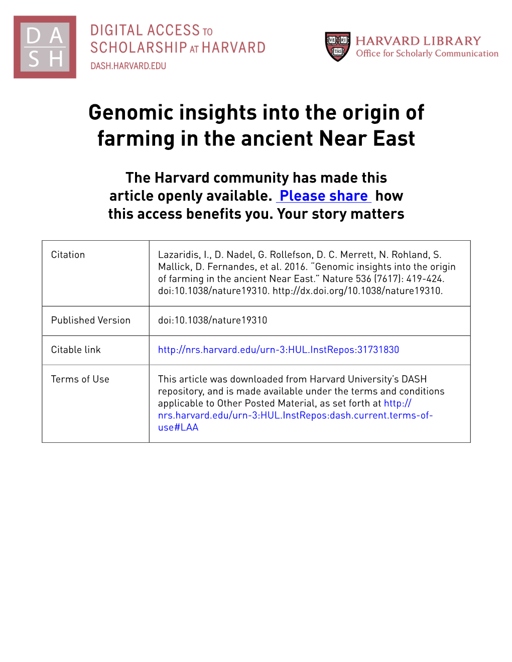 Genomic Insights Into the Origin of Farming in the Ancient Near East