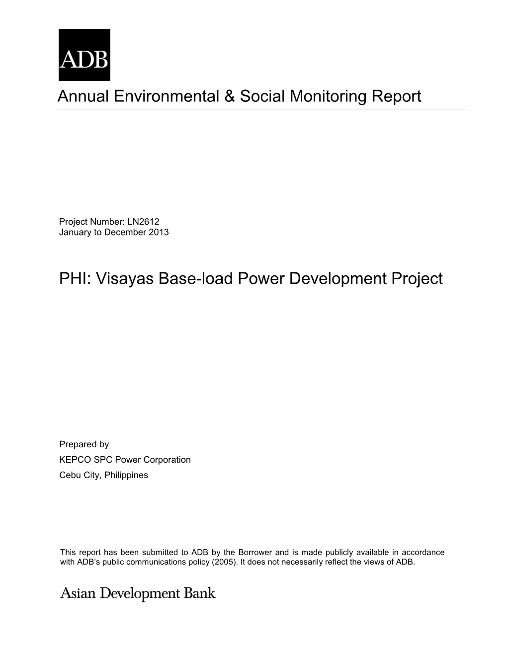 Annual Environmental & Social Monitoring Report PHI: Visayas