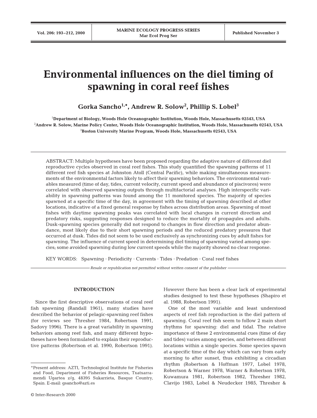 Environmental Influences on the Diel Timing of Spawning in Coral Reef Fishes