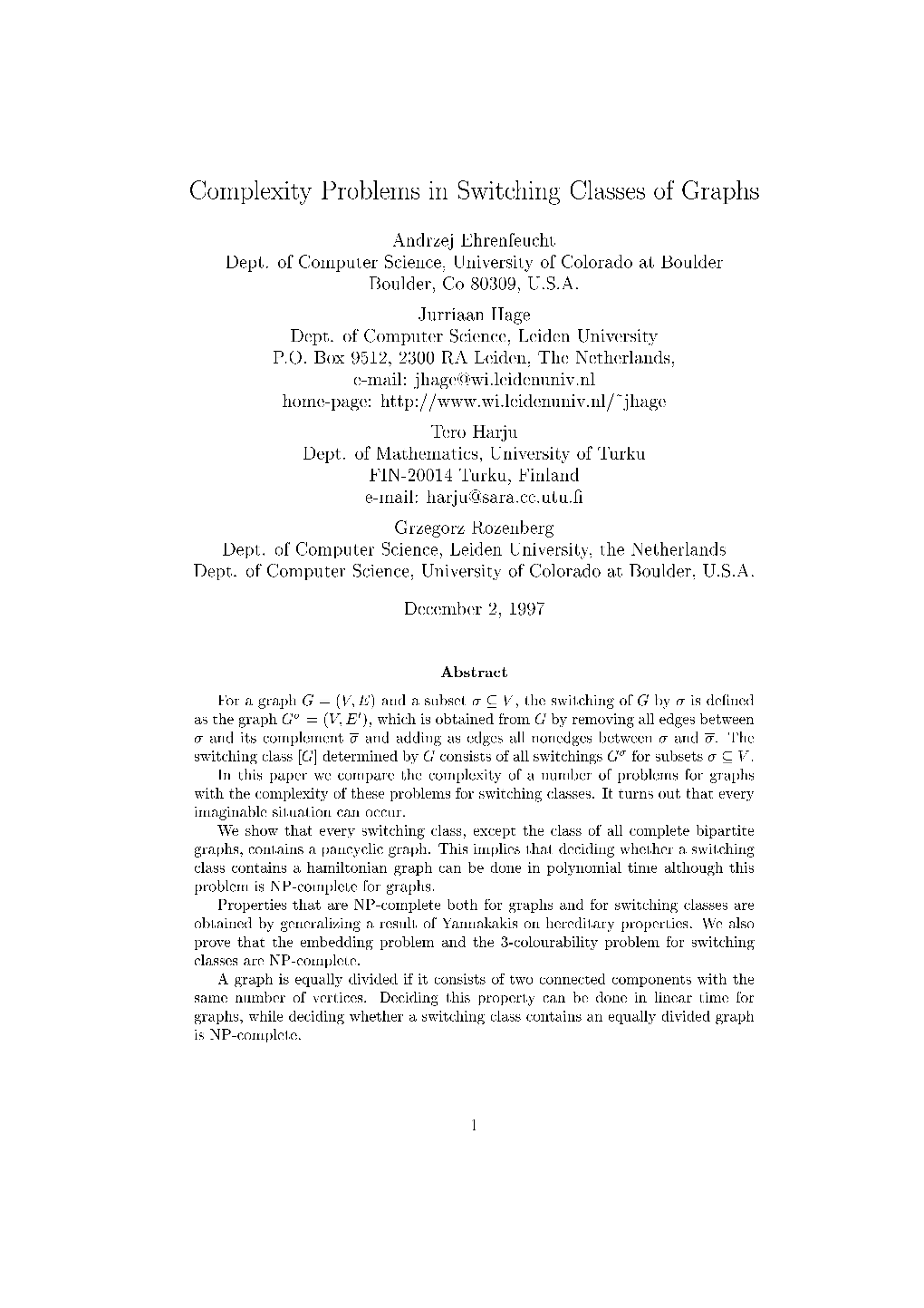 Complexity Problems in Switching Classes of Graphs