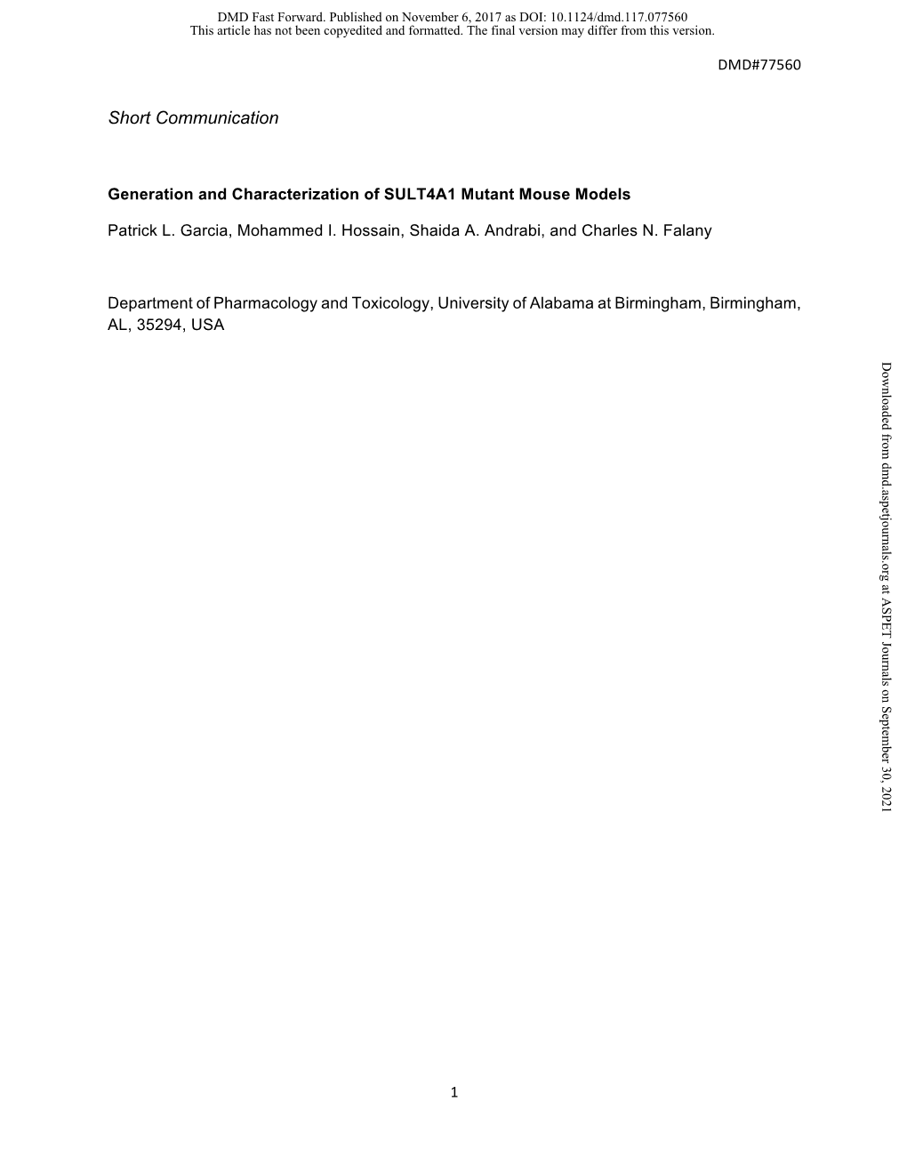 Generation and Characterization of SULT4A1 Mutant Mouse Models