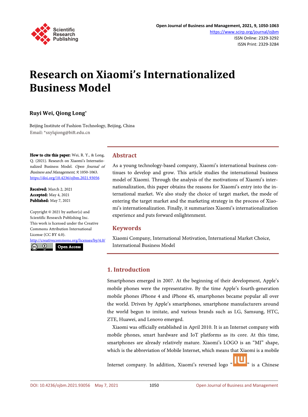 Research on Xiaomi's Internationalized Business Model