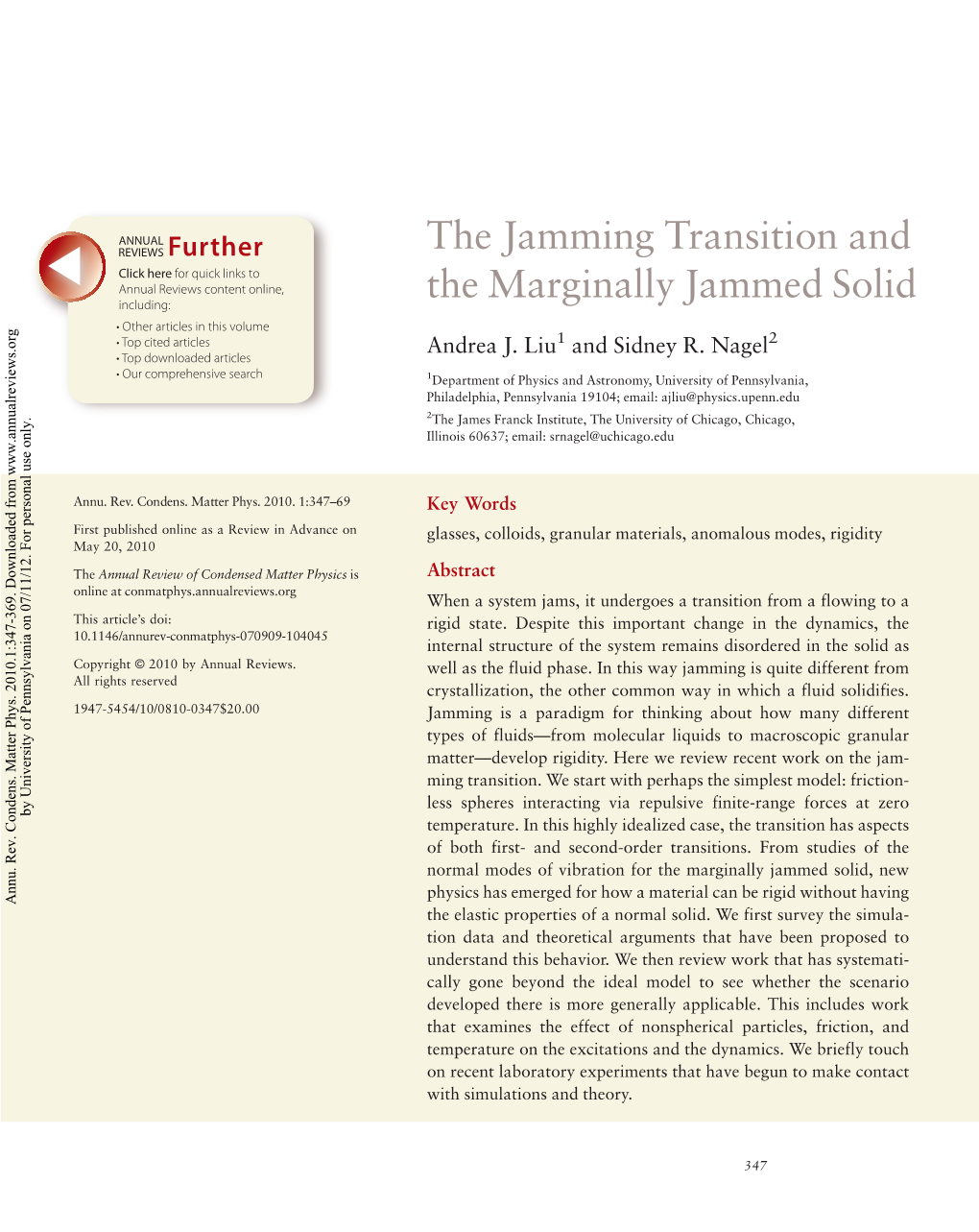 The Jamming Transition and the Marginally Jammed Solid
