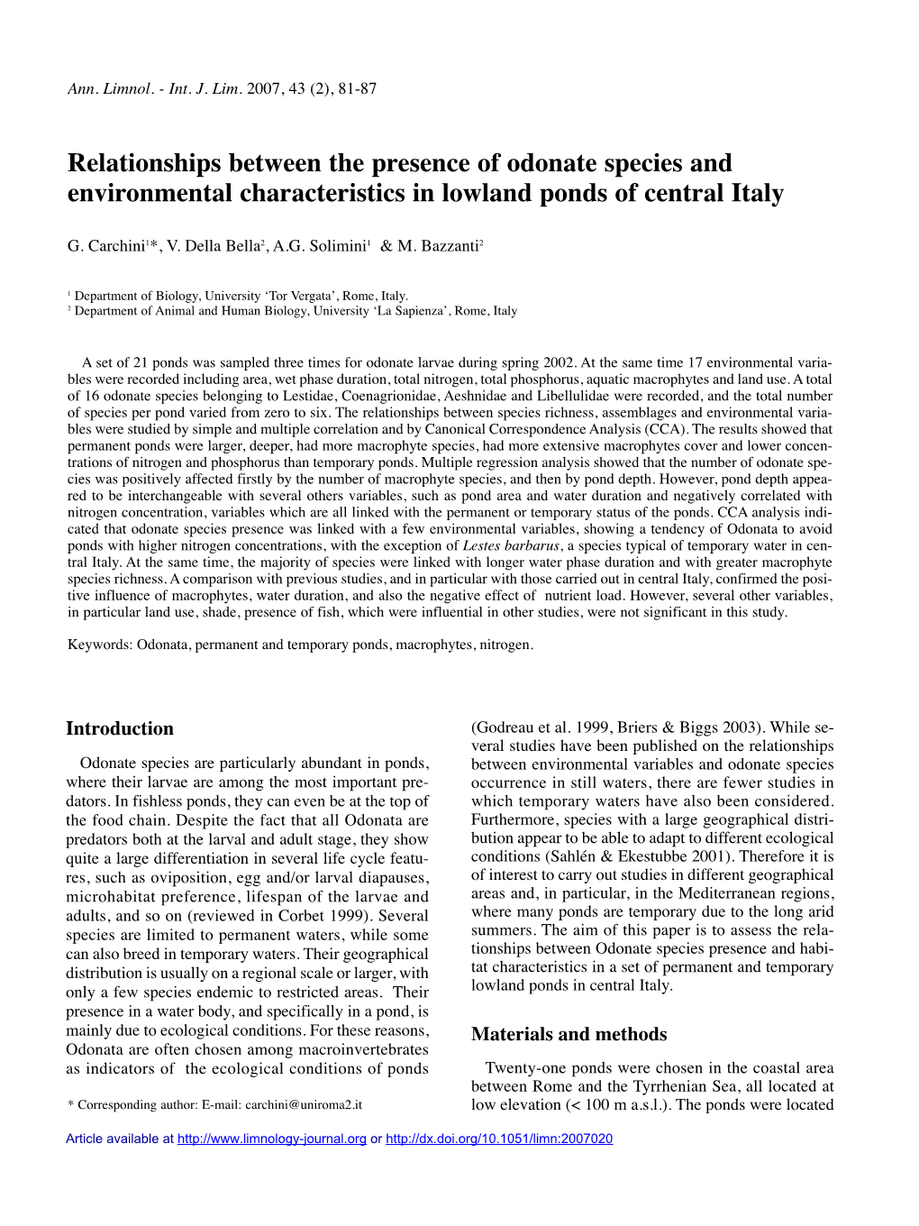 Relationships Between the Presence of Odonate Species and Environmental Characteristics in Lowland Ponds of Central Italy