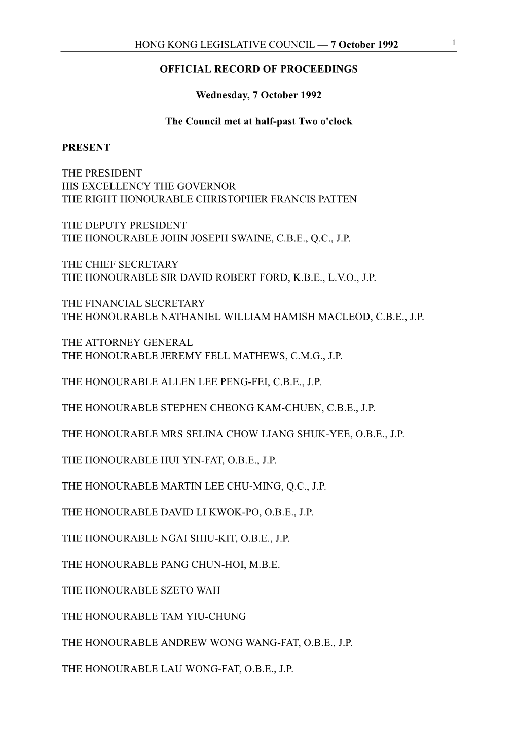 HONG KONG LEGISLATIVE COUNCIL — 7 October 1992 1