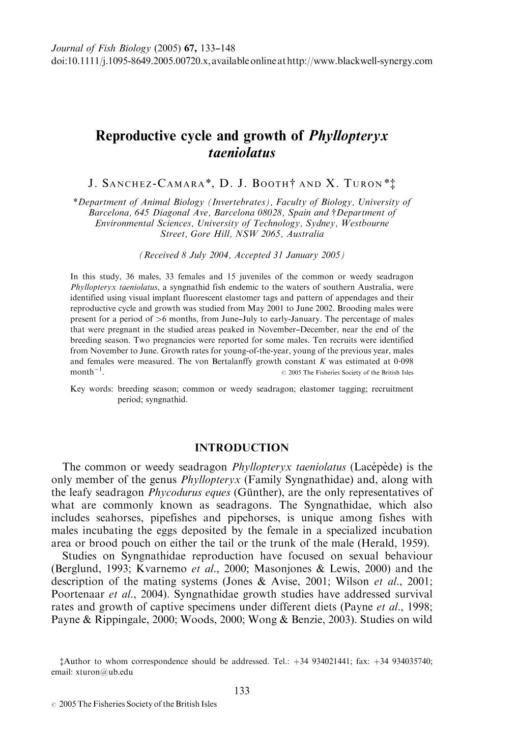 Reproductive Cycle and Growth of Phyllopteryx Taeniolatus