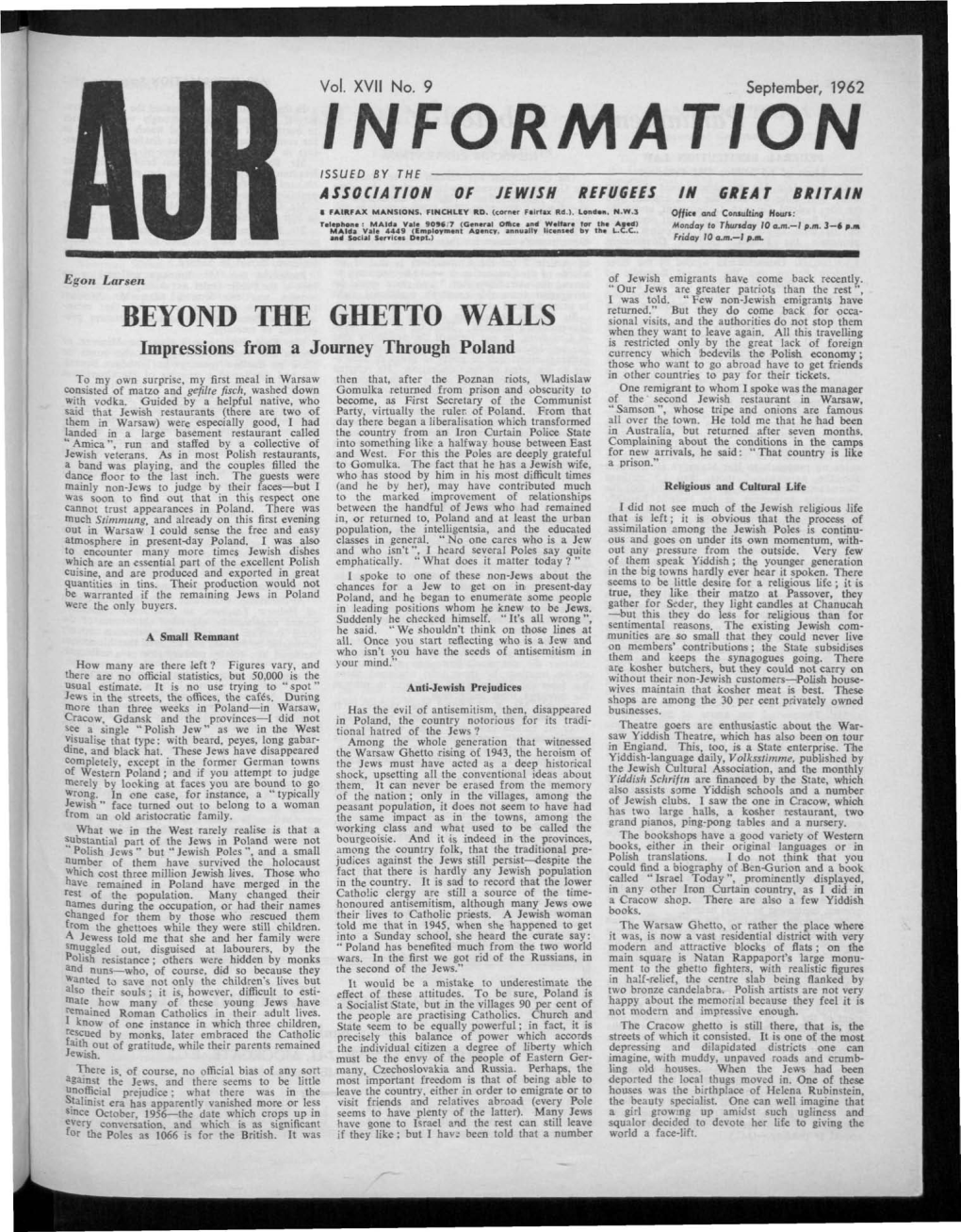 INFORMATION ISSUED by the - ASSOCIATION of JEWISH REFUGEES in GREAT BRITAIN I FAIRFAX MANSIONS, FINCHLEY RD, (Corner Falrflk Rd.)
