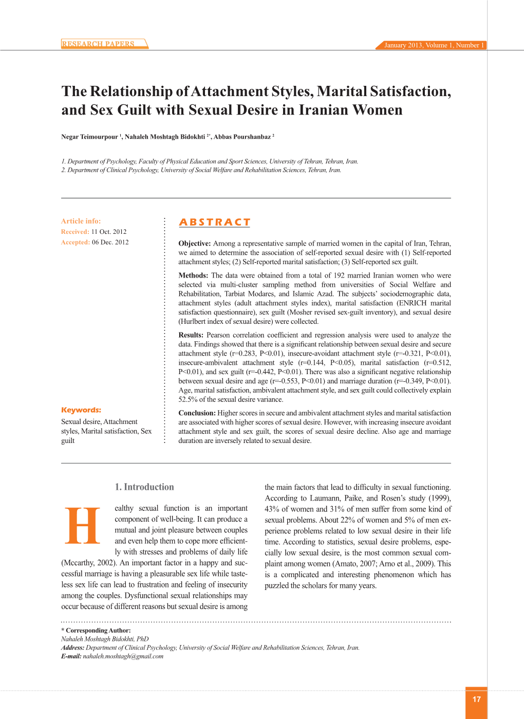 The Relationship Between Attachment Styles, Marital Satisfaction and Sex Guilt with Sexual Desire in Iranian Women