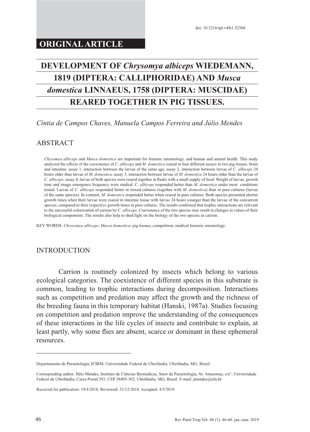 ORIGINAL ARTICLE DEVELOPMENT of Chrysomya Albiceps