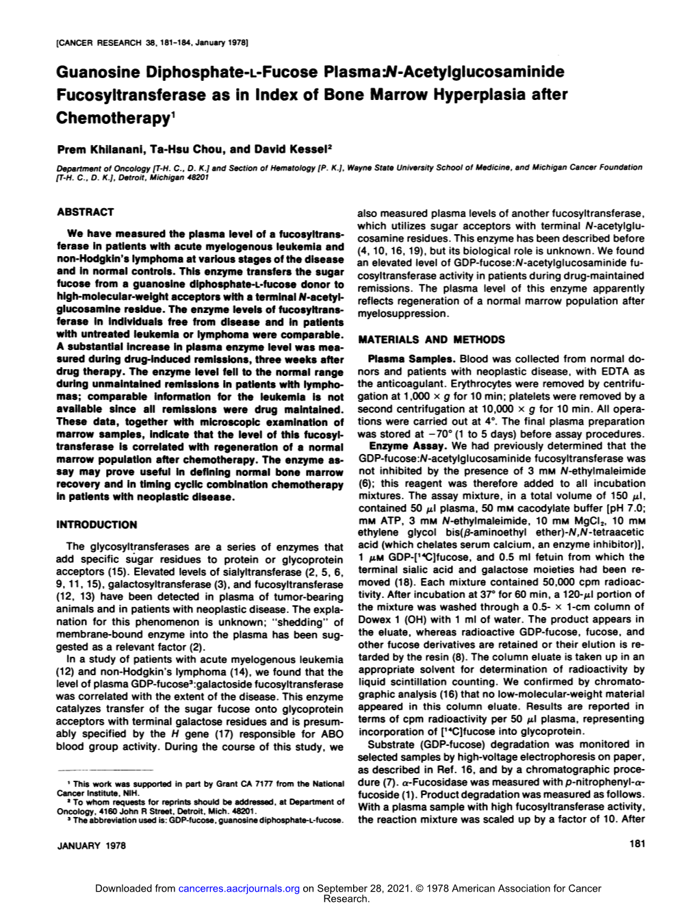 Guanosine Diphosphate-T-Fucose Plasma:N-Acetylglucosaminide Fucosyltransferase As in Index of Bone Marrow Hyperplasia After Chemotherapy1