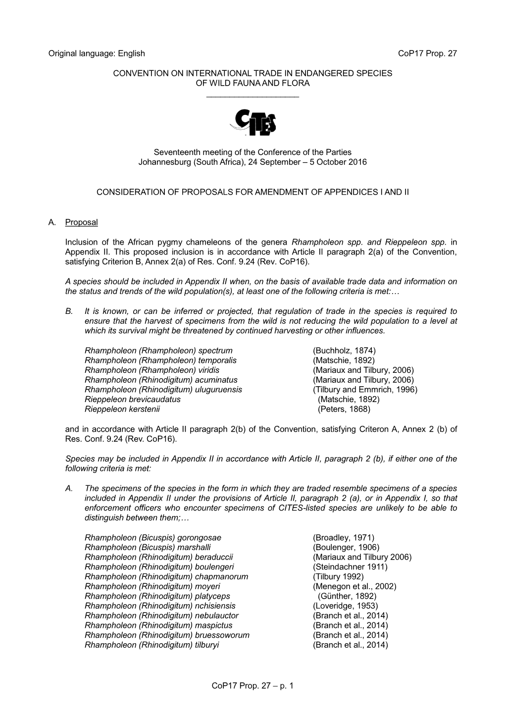 Proposal for Amendment of Appendix I Or II for CITES Cop16