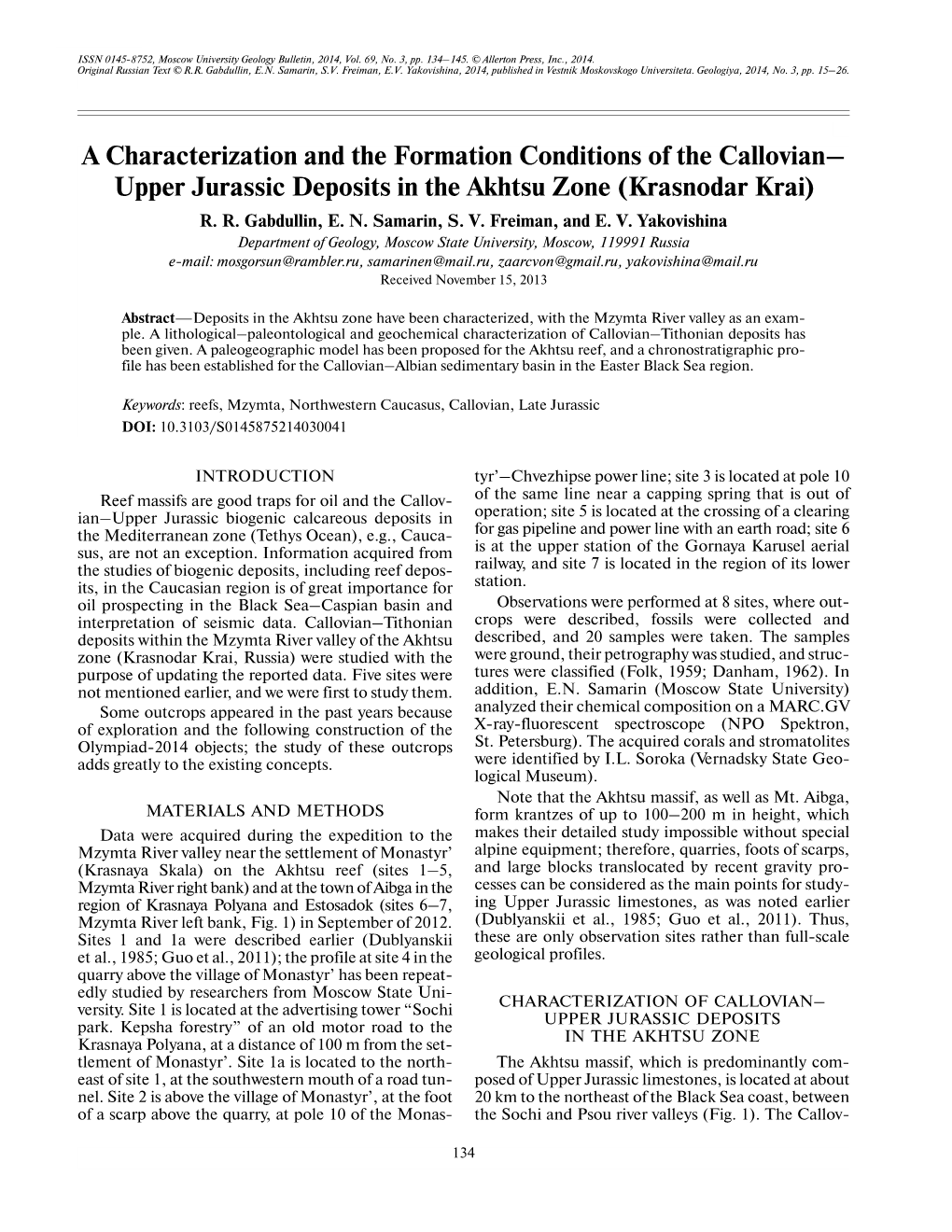 A Characterization and the Formation Conditions of the Callovian– Upper Jurassic Deposits in the Akhtsu Zone (Krasnodar Krai) R