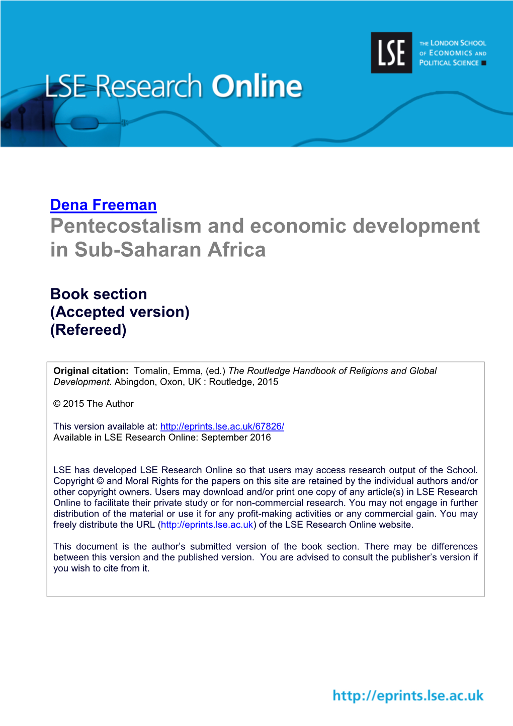 Pentecostalism and Economic Development in Sub-Saharan Africa