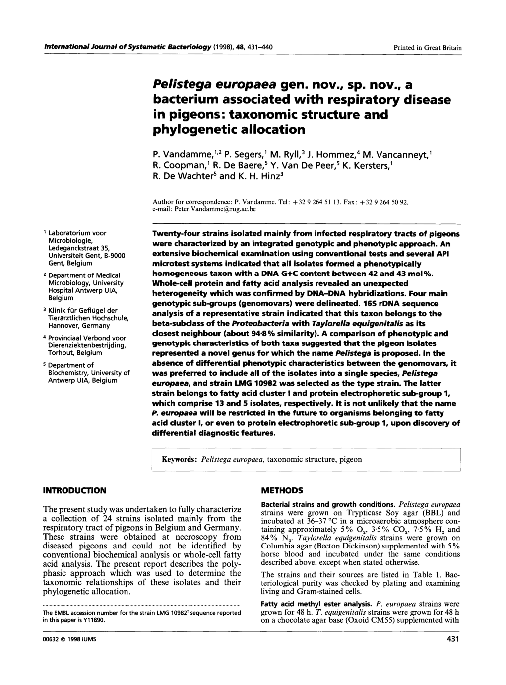 Pelistega Europaea Gen. Nov., Sp. Nov., a Bacterium Associated with Respiratory Disease in Pigeons: Taxonomic Structure and Phylogenetic Allocation