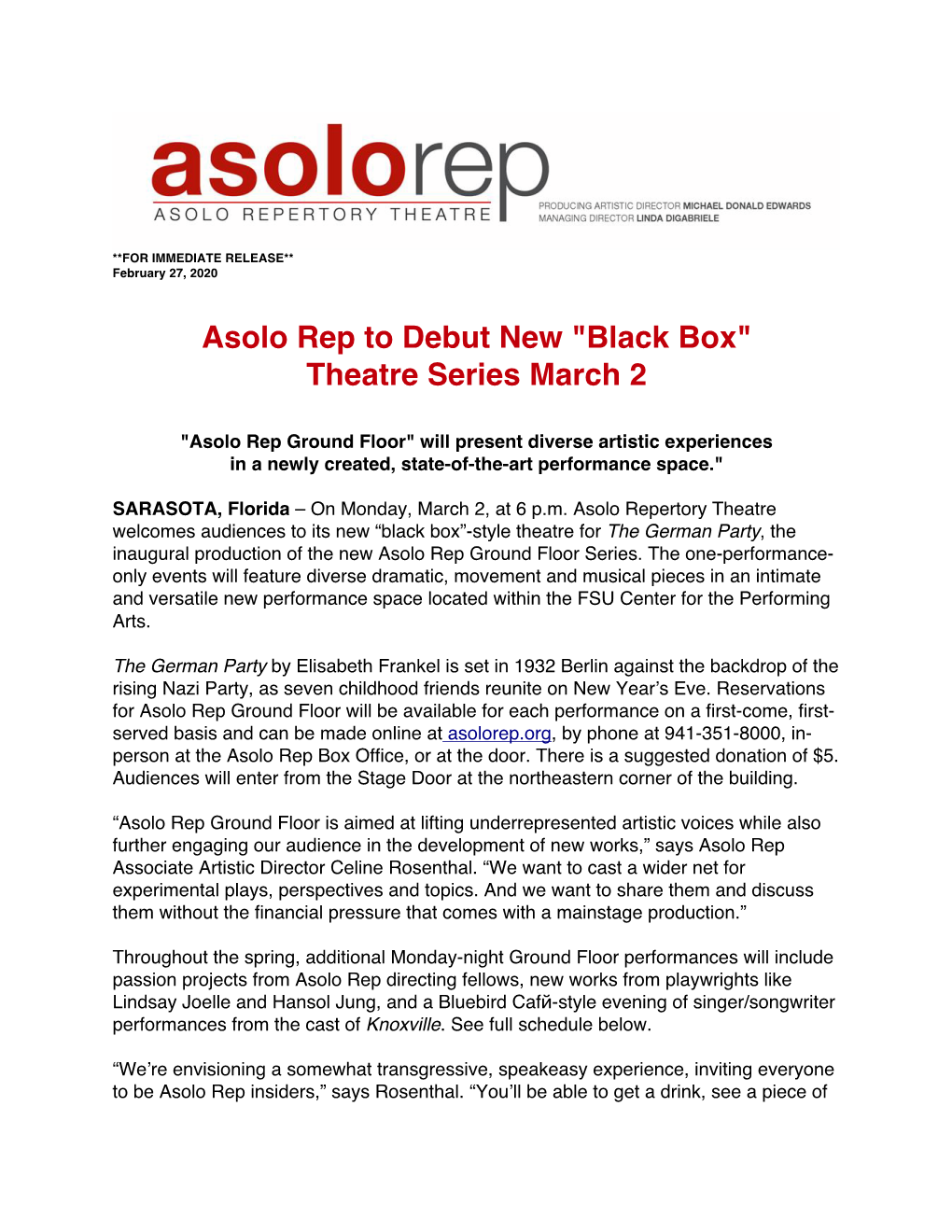 Asolo Rep to Debut New "Black Box" Theatre Series March 2