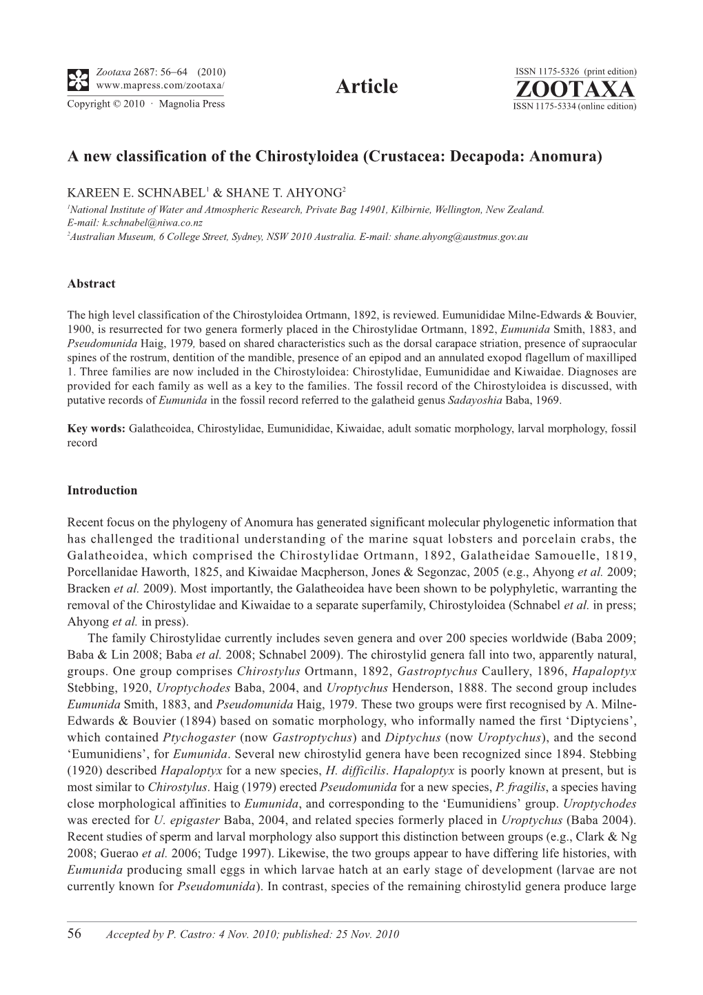 A New Classification of the Chirostyloidea (Crustacea: Decapoda: Anomura)