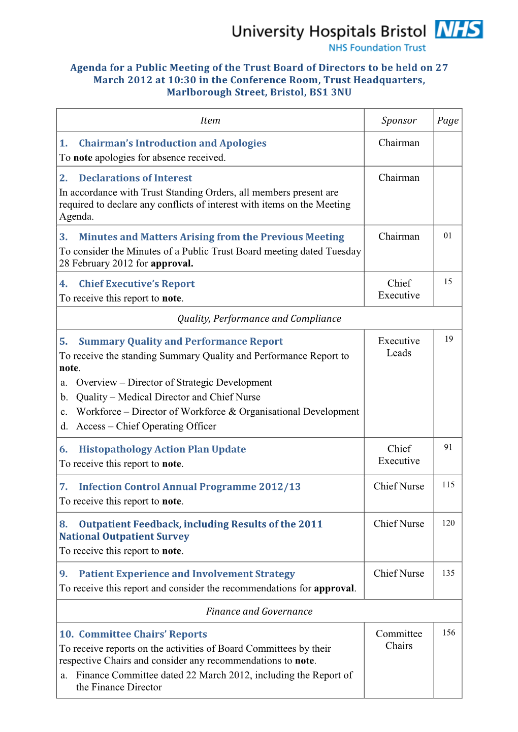 Agenda for a Public Meeting of the Trust Board of Directors to Be Held