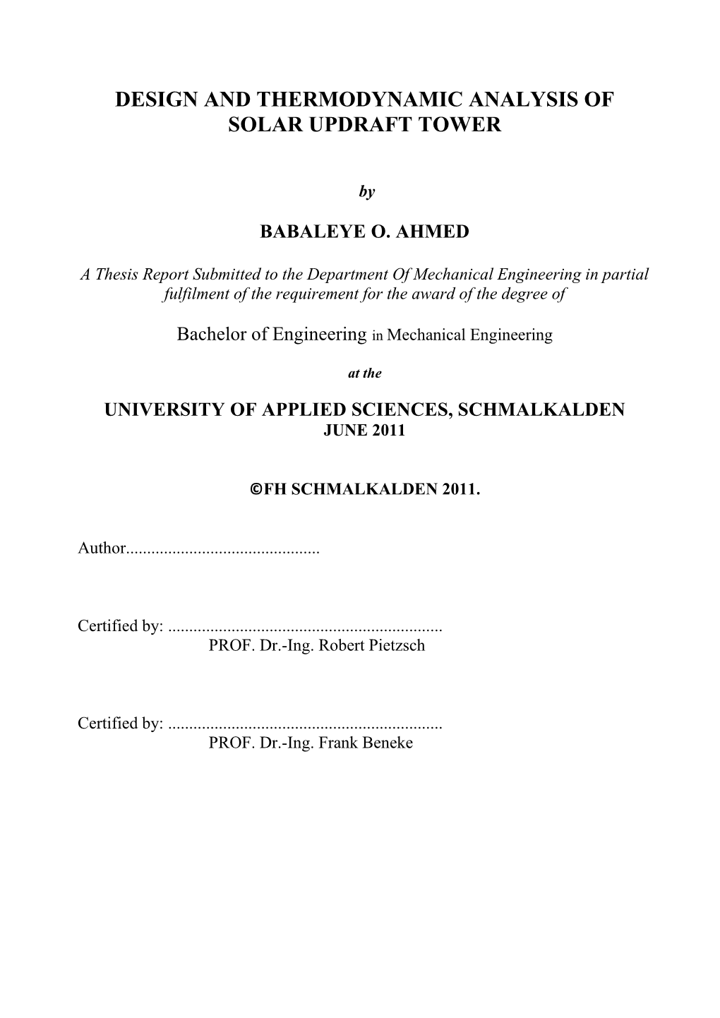 Design and Thermodynamic Analysis of Solar Updraft Tower