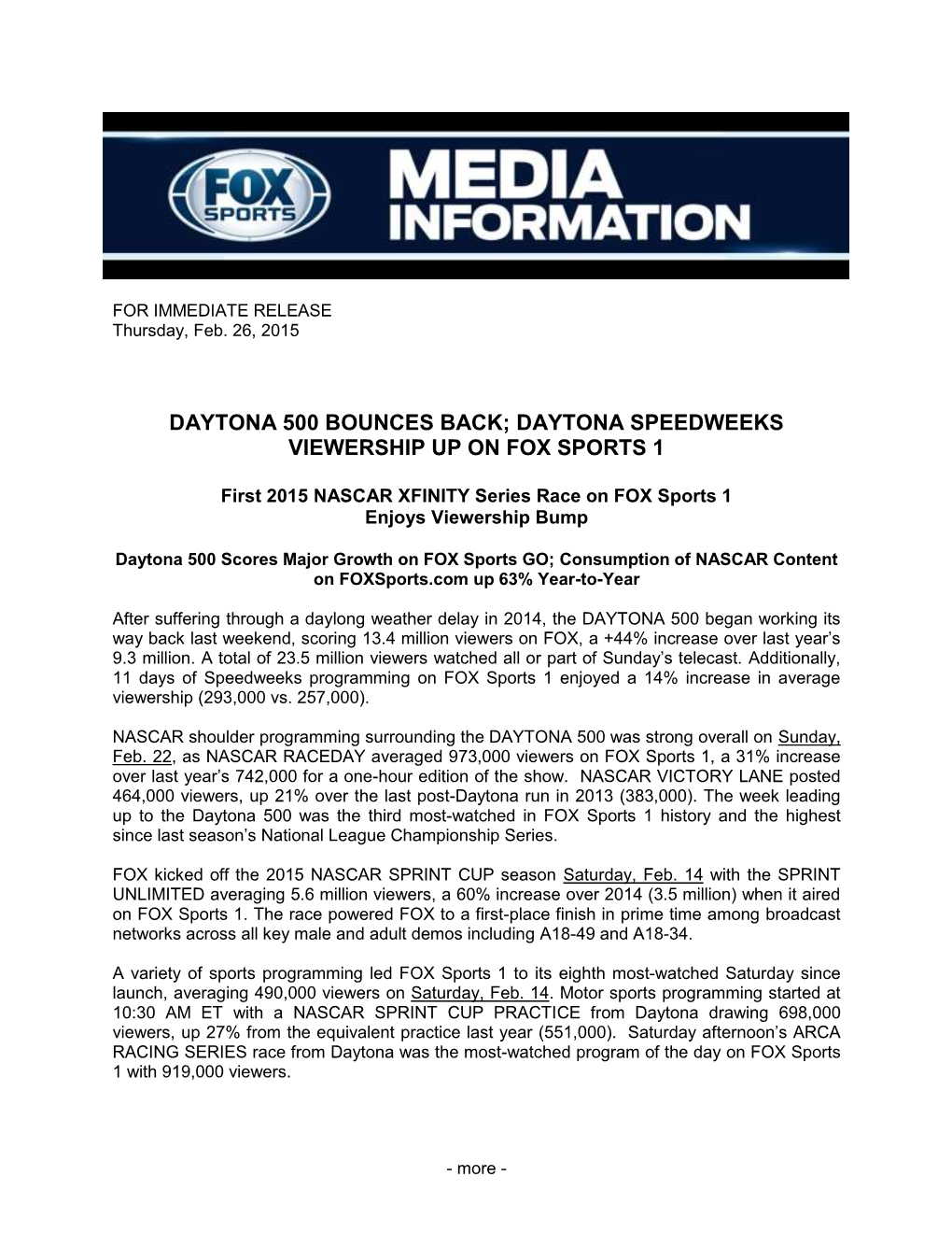 Daytona 500 Bounces Back; Daytona Speedweeks Viewership up on Fox Sports 1