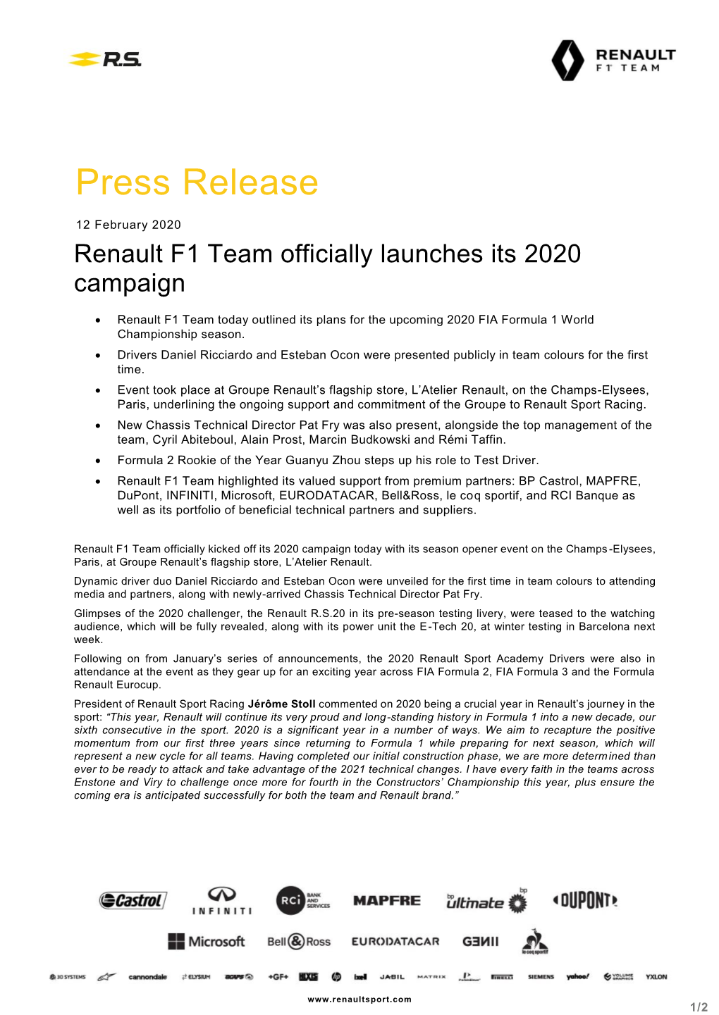 Press Release 12 February 2020 Renault F1 Team Officially Launches Its 2020 Campaign