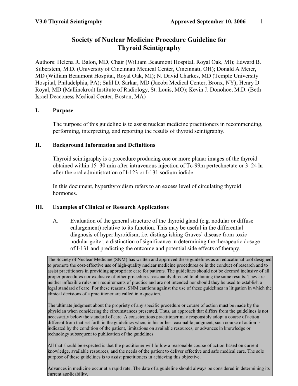 Society of Nuclear Medicine Procedure Guideline for Thyroid Scintigraphy