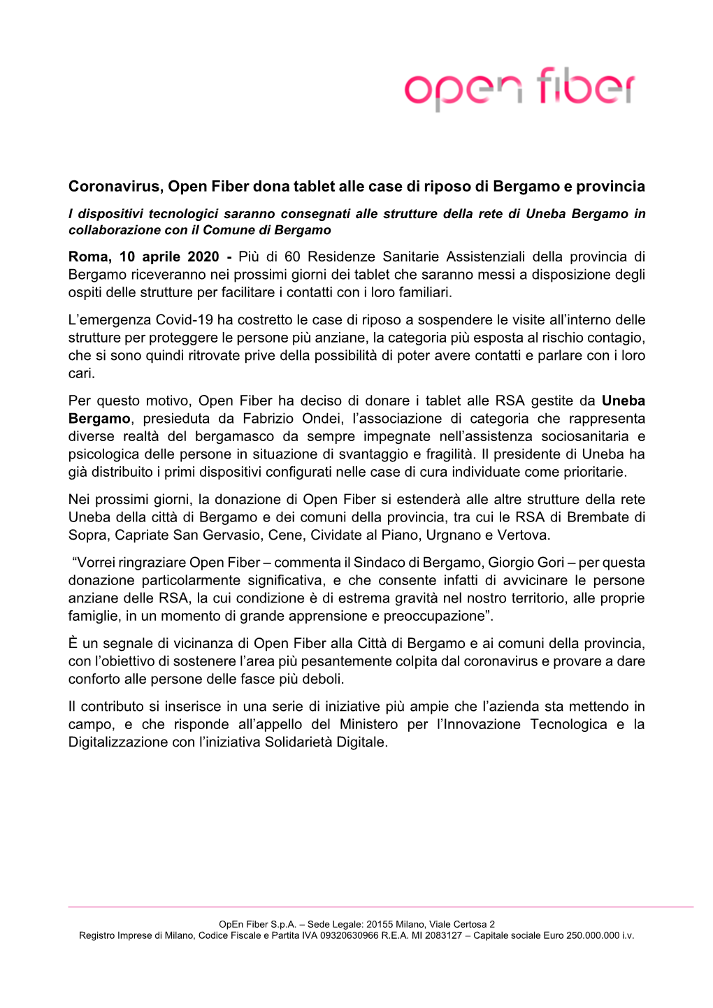 Coronavirus, Open Fiber Dona Tablet Alle Case Di Riposo Di Bergamo E