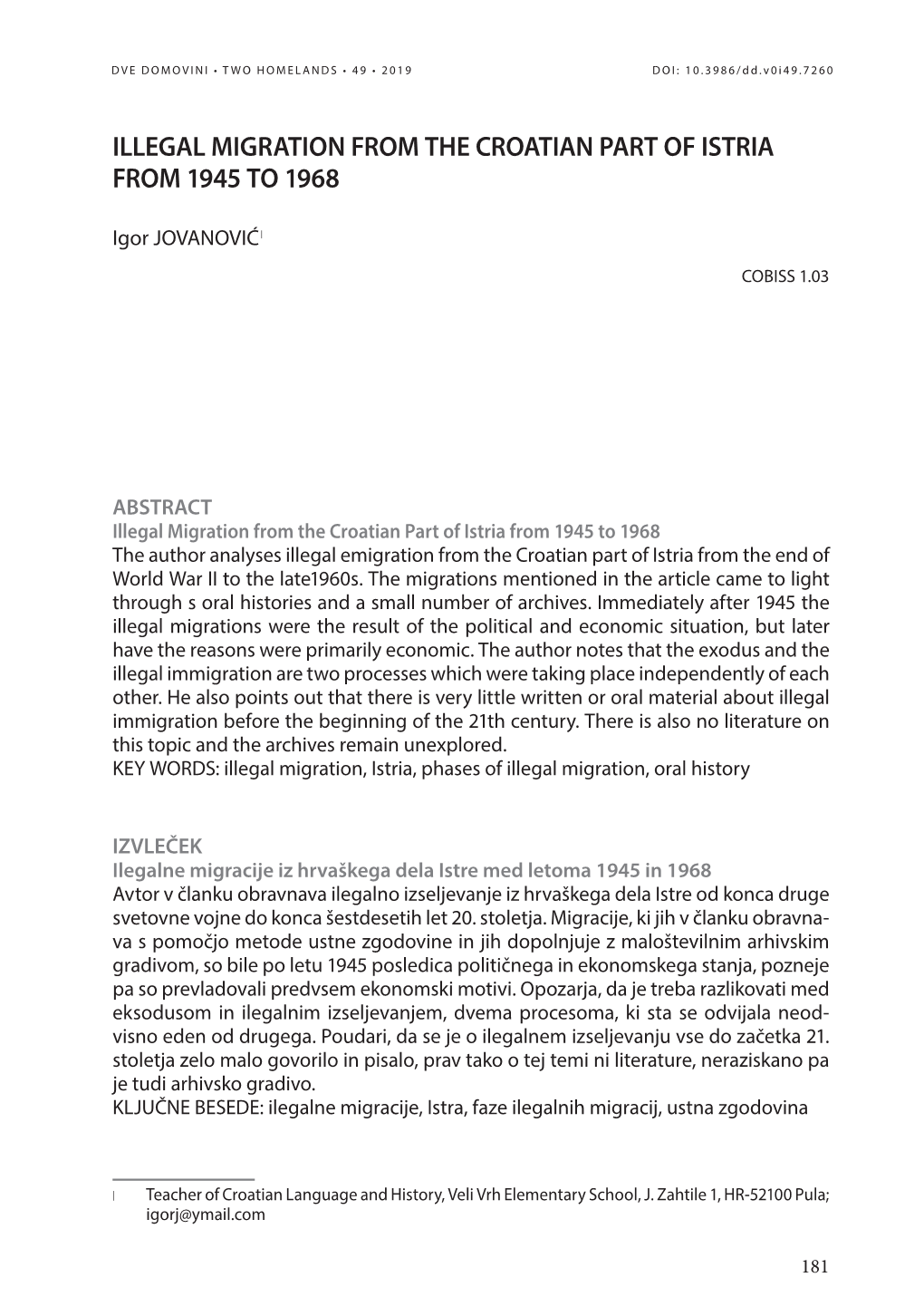 Illegal Migration from the Croatian Part of Istria from 1945 to 1968