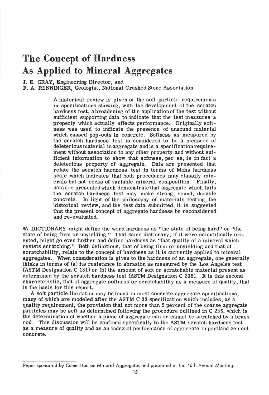 The Concept of Hardness As Applied to Mineral Aggregates J