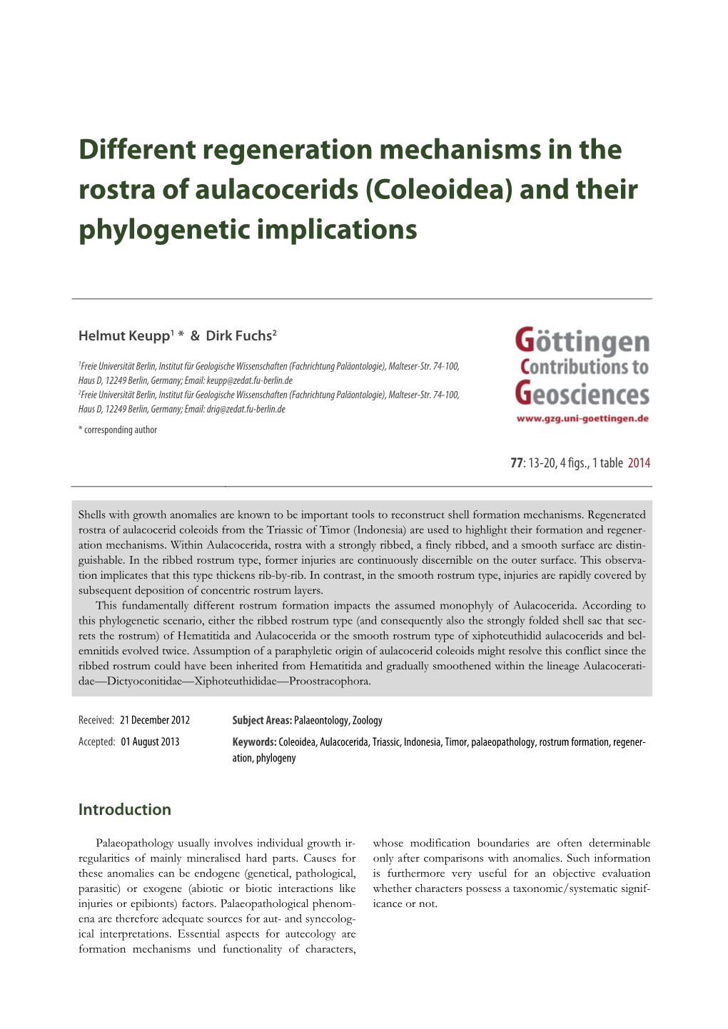 Different Regeneration Mechanisms in the Rostra of Aulacocerids (Coleoidea) and Their Phylogenetic Implications