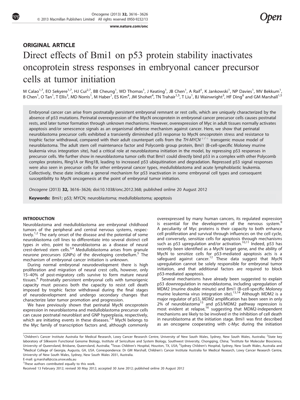 Direct Effects of Bmi1 on P53 Protein Stability Inactivates Oncoprotein Stress Responses in Embryonal Cancer Precursor Cells at Tumor Initiation