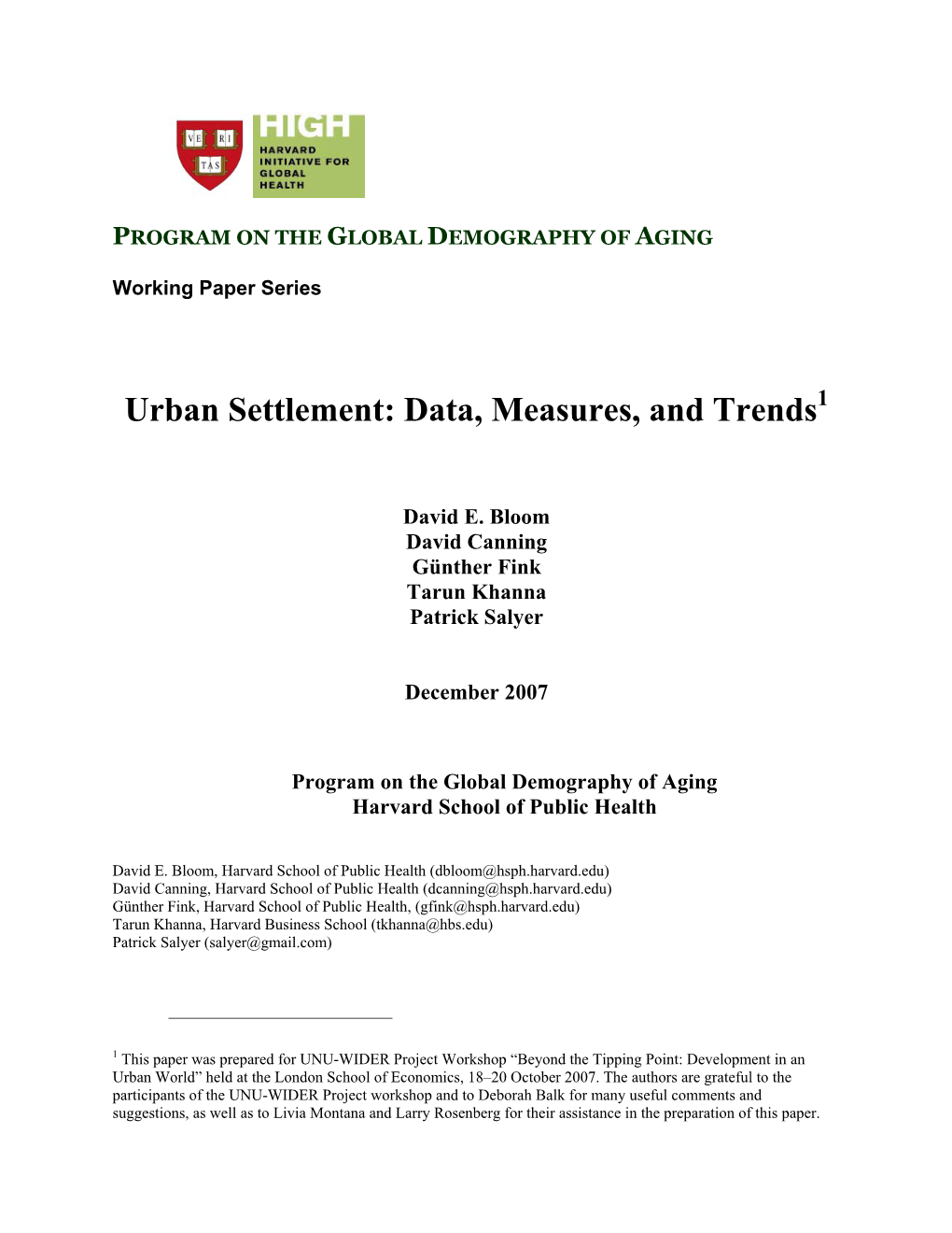 Urban Settlement: Data, Measures, and Trends1