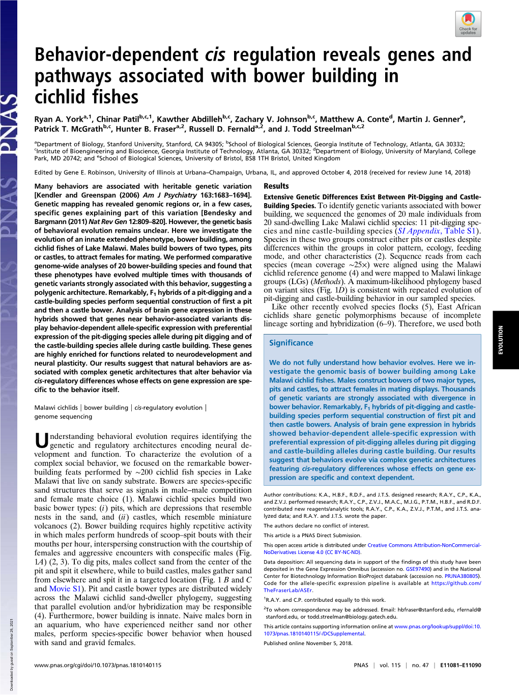 Behavior-Dependent Cis Regulation Reveals Genes and Pathways Associated with Bower Building in Cichlid Fishes