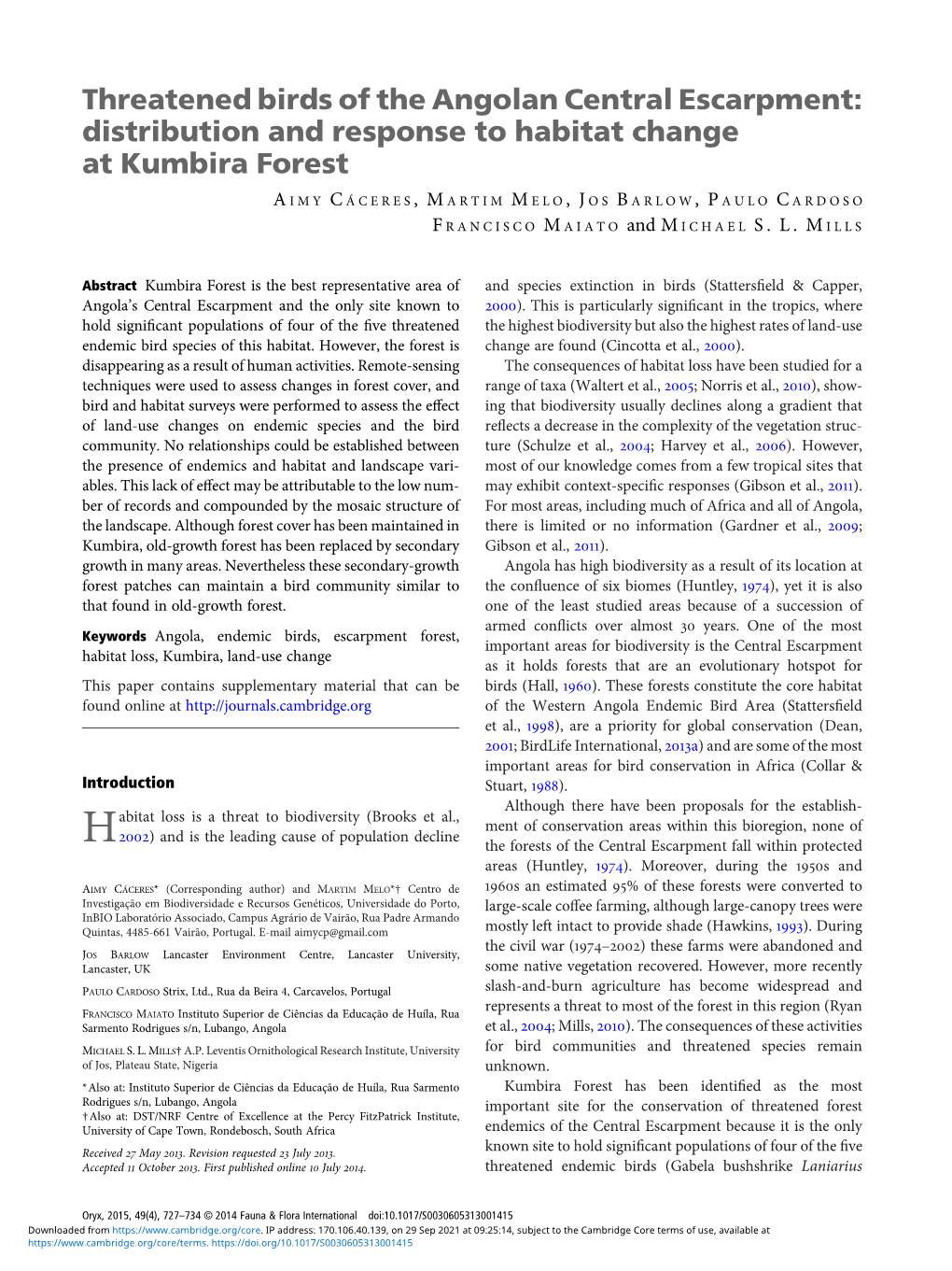 Threatened Birds of the Angolan Central Escarpment: Distribution and Response to Habitat Change at Kumbira Forest