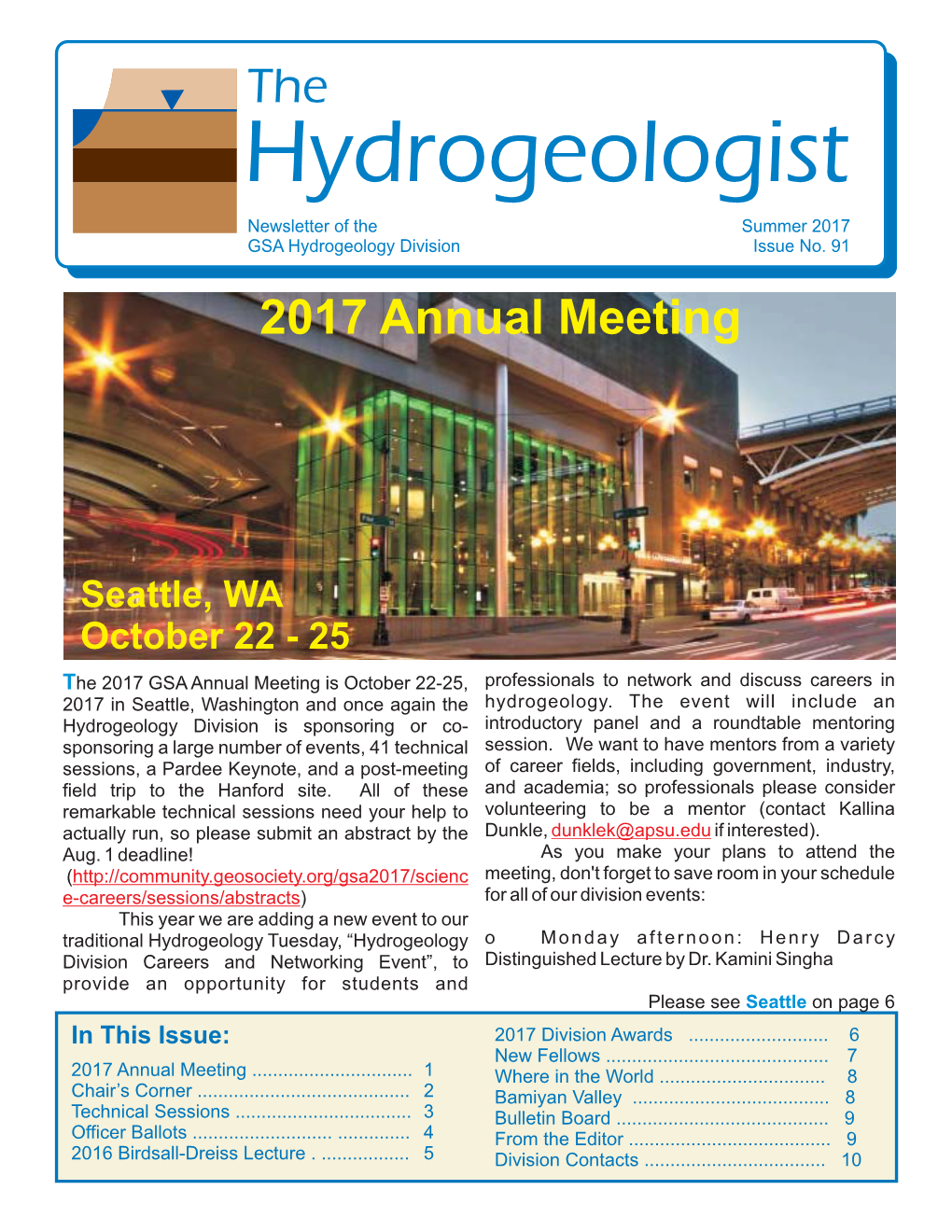 Hydrogeologist Newsletter of the Summer 2017 GSA Hydrogeology Division Issue No