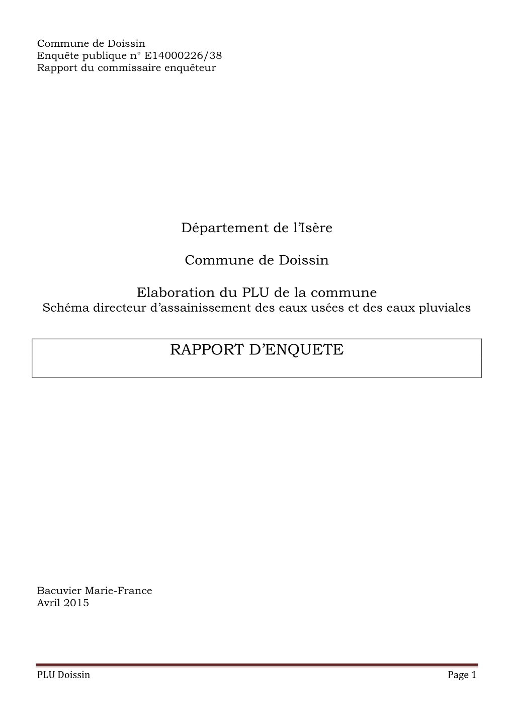Commune De Doissin Enquête Publique N° E14000226/38 Rapport Du Commissaire Enquêteur