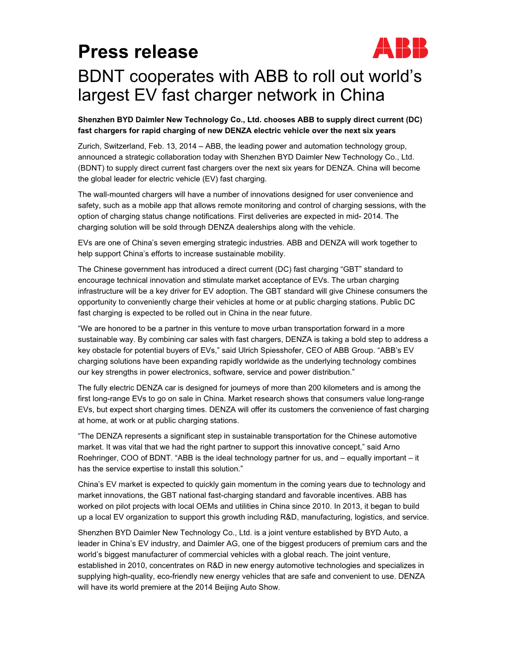 Press Release BDNT Cooperates with ABB to Roll out World’S Largest EV Fast Charger Network in China