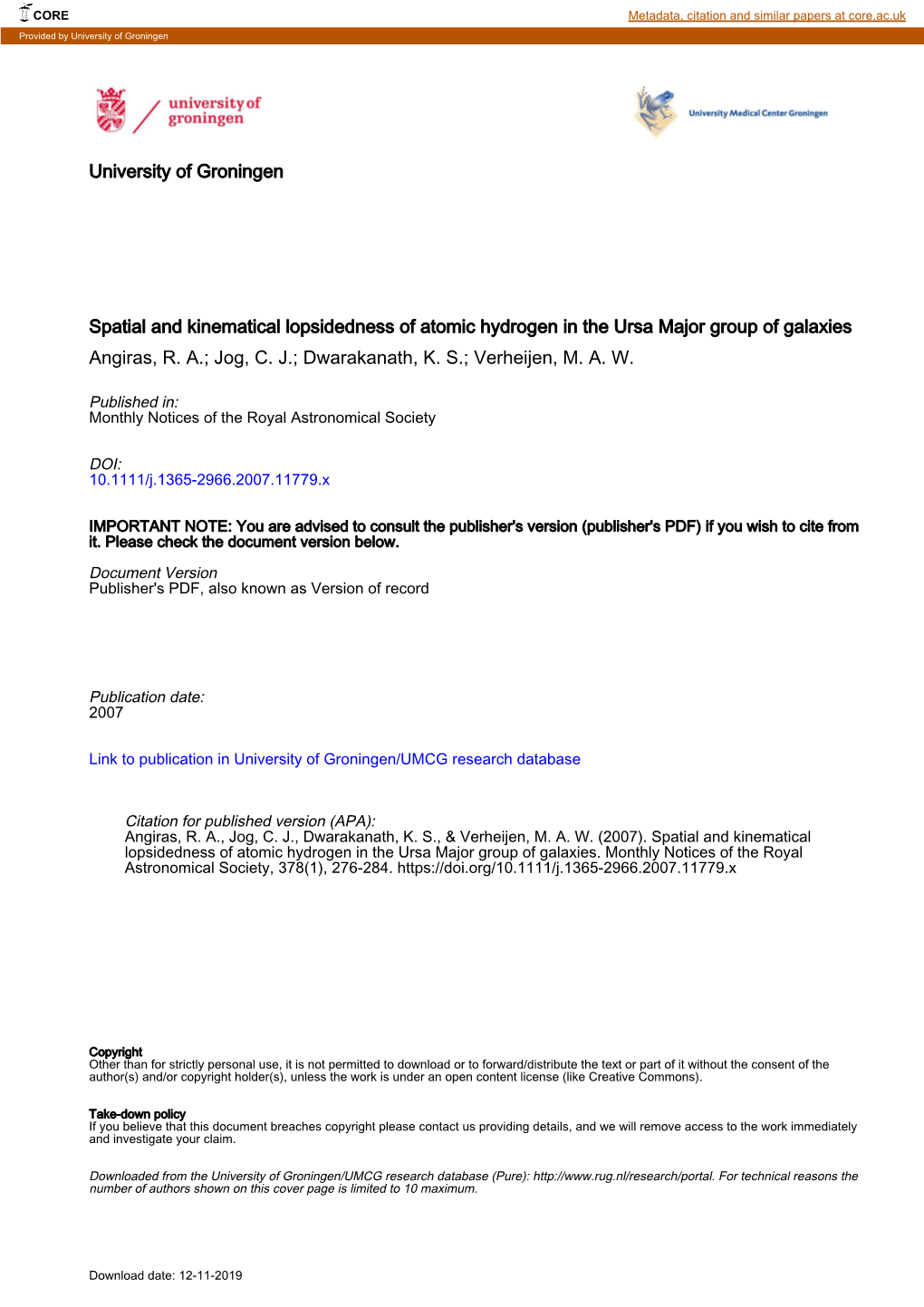 University of Groningen Spatial and Kinematical Lopsidedness of Atomic