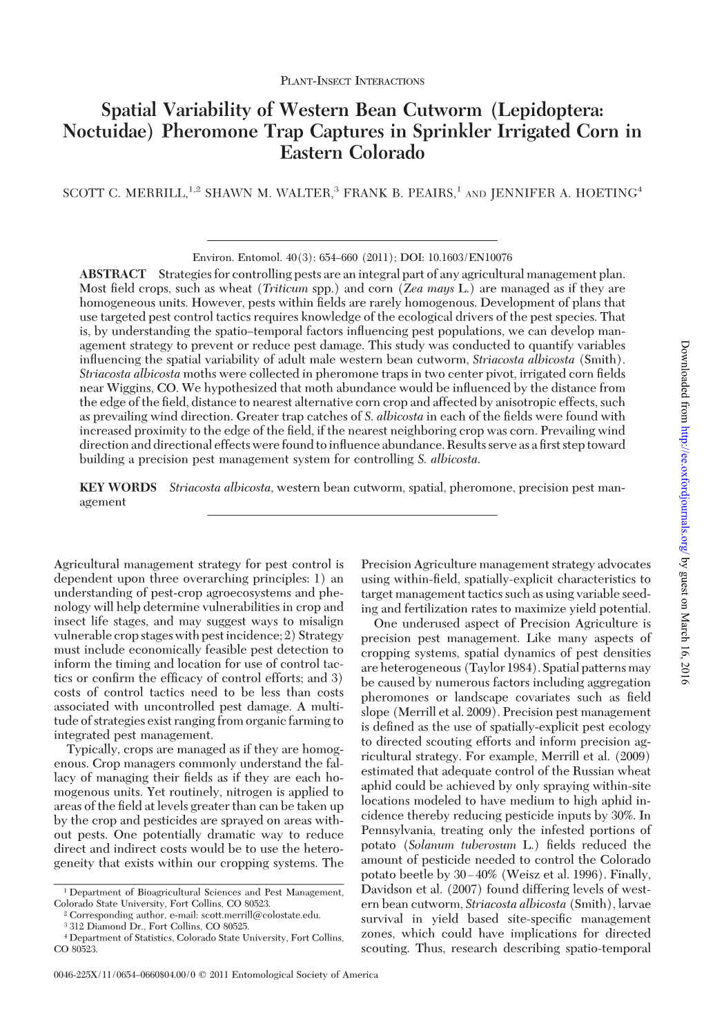 Spatial Variability of Western Bean Cutworm (Lepidoptera: Noctuidae) Pheromone Trap Captures in Sprinkler Irrigated Corn in Eastern Colorado