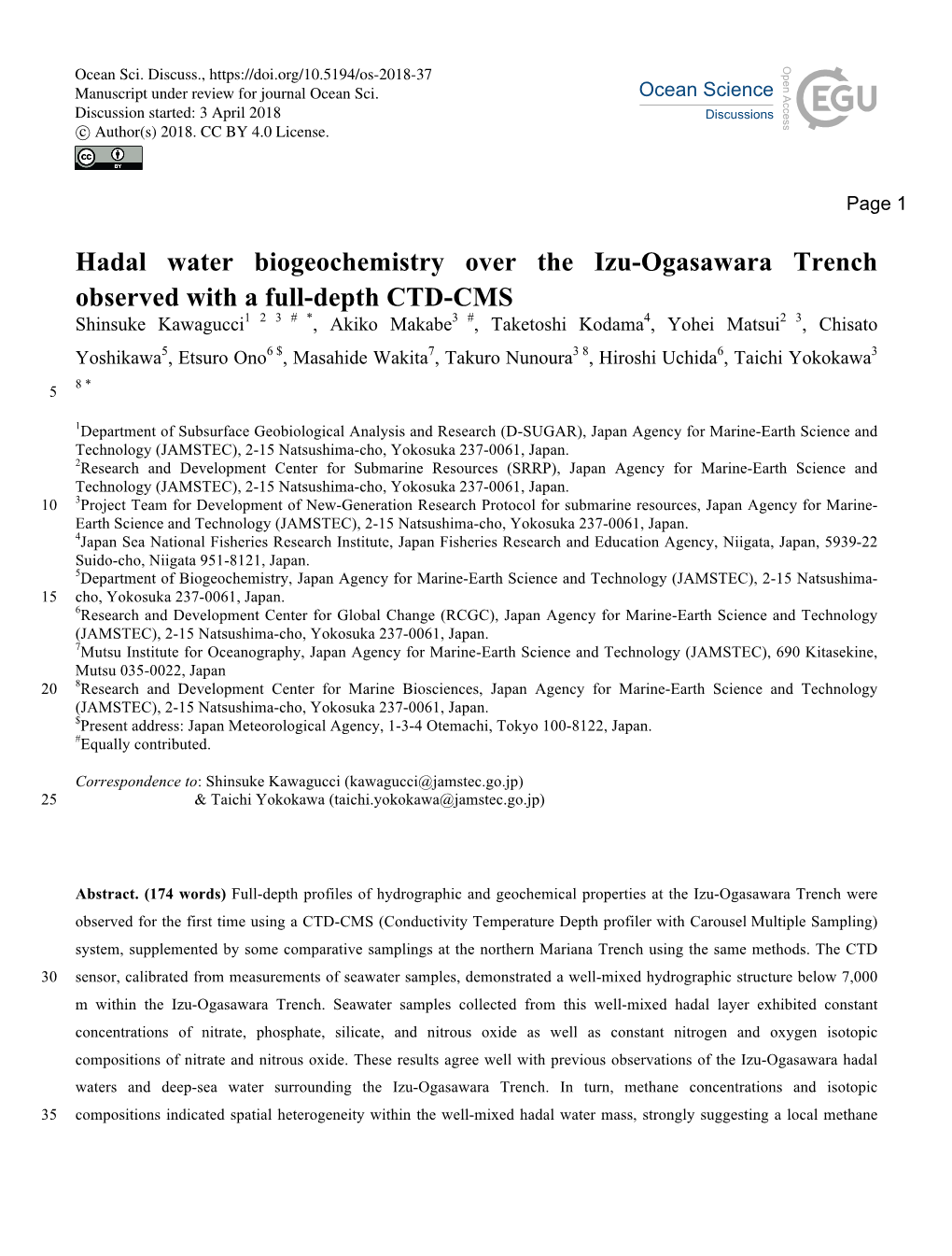 Hadal Water Biogeochemistry Over the Izu-Ogasawara Trench Observed