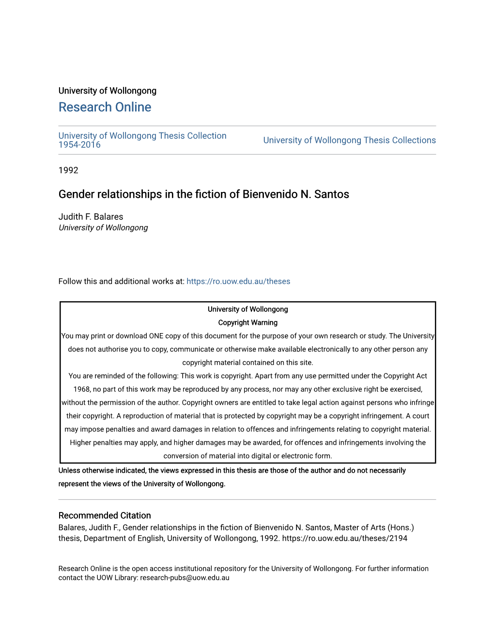 Gender Relationships in the Fiction of Bienvenido N. Santos