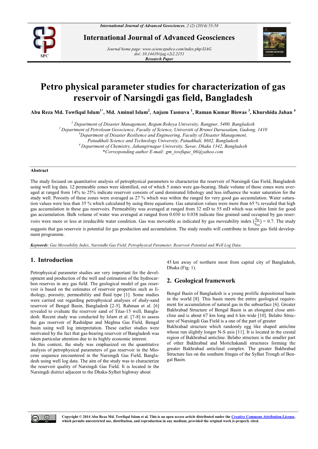 Petro Physical Parameter Studies for Characterization of Gas Reservoir of Narsingdi Gas Field, Bangladesh