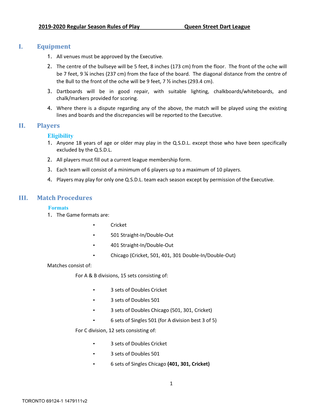 I. Equipment II. Players III. Match Procedures