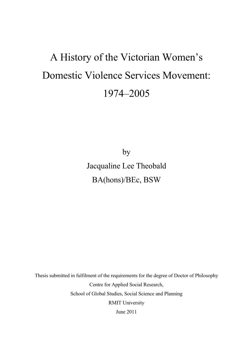 A History of the Victorian Women's Domestic Violence Services