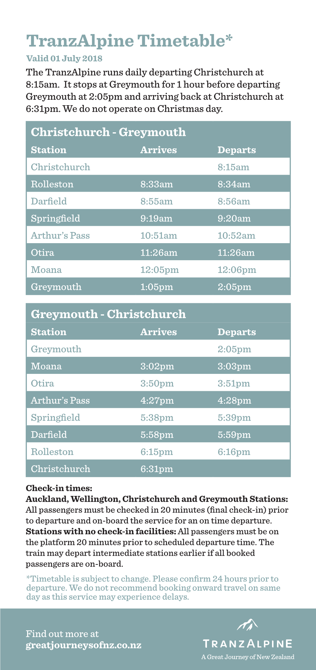 Tranzalpine Timetable* Valid 01 July 2018 the Tranzalpine Runs Daily Departing Christchurch at 8:15Am