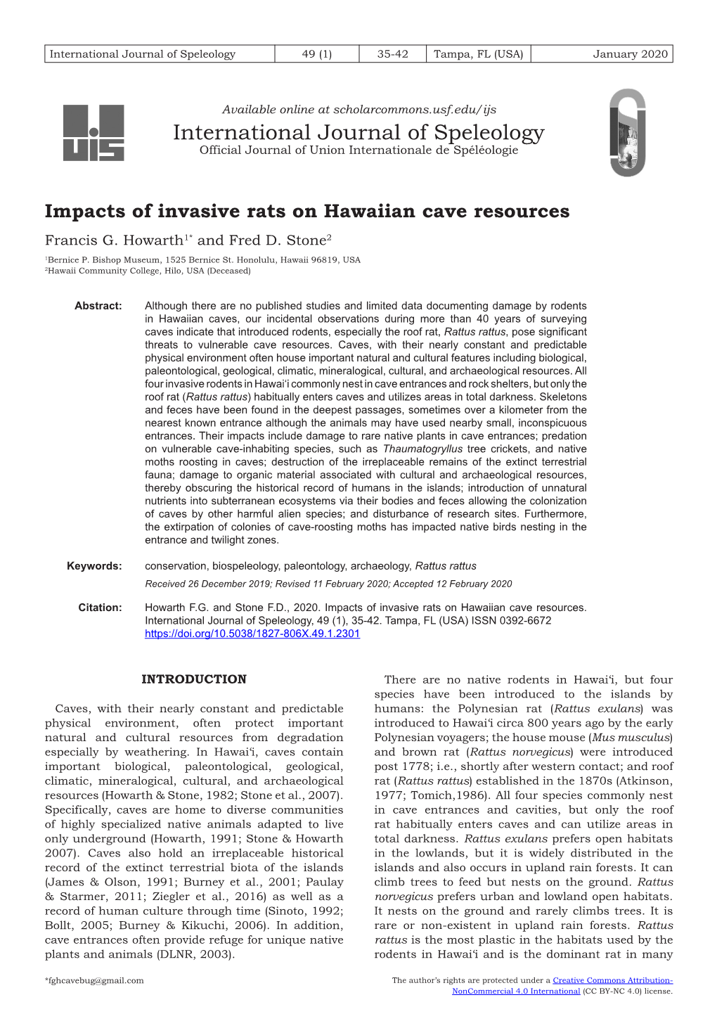 Impacts of Invasive Rats on Hawaiian Cave Resources Francis G