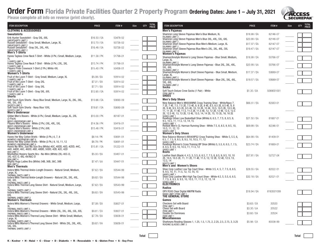 Order Form Florida Private Facilities Quarter 2 Property Program Ordering Dates: June 1 – July 31, 2021 Please Complete All Info on Reverse (Print Clearly)