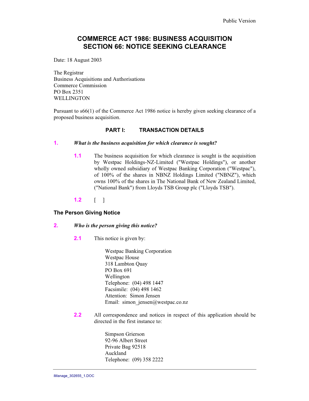 Business Acquisition Section 66: Notice Seeking Clearance