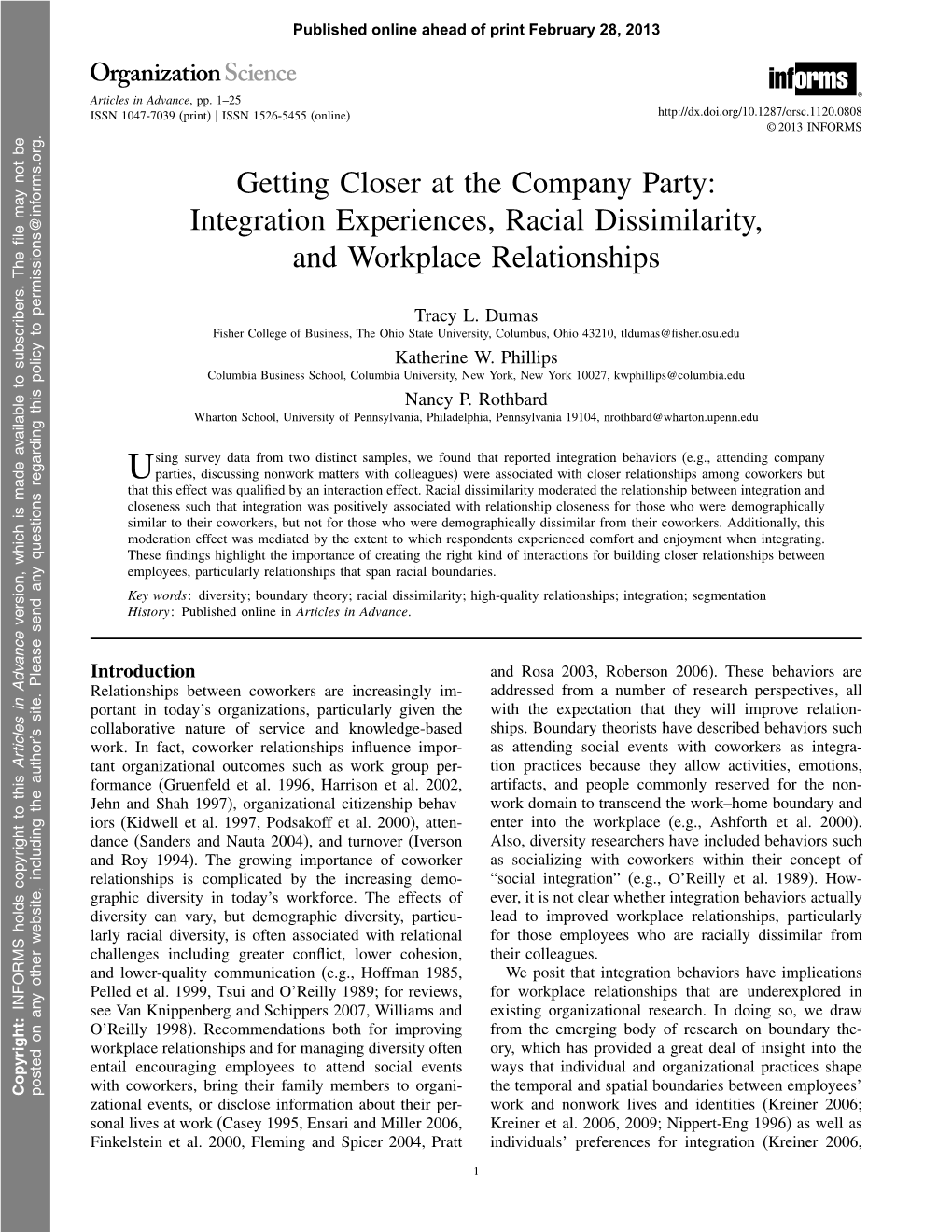 Getting Closer at the Company Party: Integration Experiences, Racial Dissimilarity, and Workplace Relationships