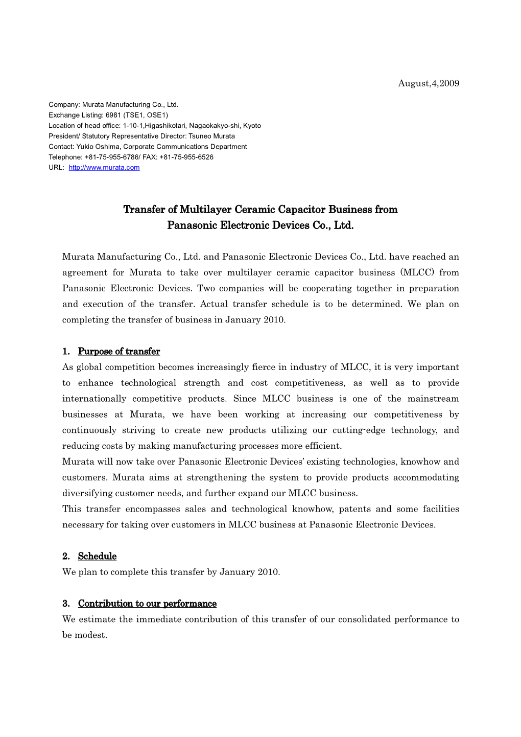 Transfer of Multilayer Ceramic Capacitor Business from Panasonic Electronic Devices Co., Ltd