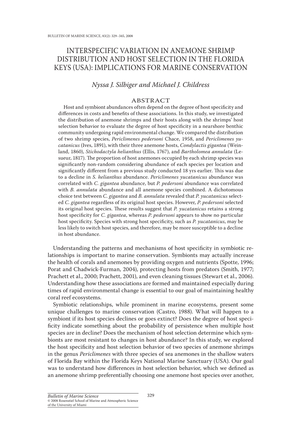 Interspecific Variation in Anemone Shrimp Distribution and Host Selection in the Florida Keys (USA): Implications for Marine Conservation